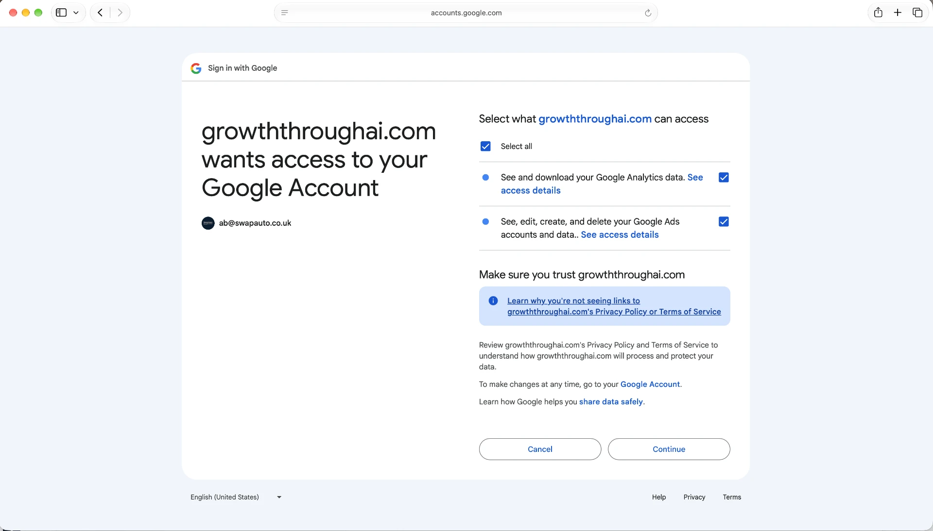 The official Google sign-in screen granting AiMi access to Google Ads and Analytics