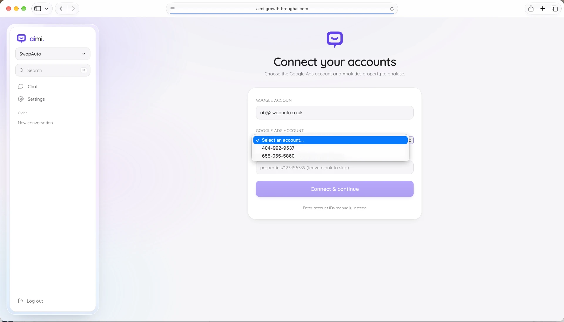 Choosing a Google Ads account from a dropdown inside AiMi